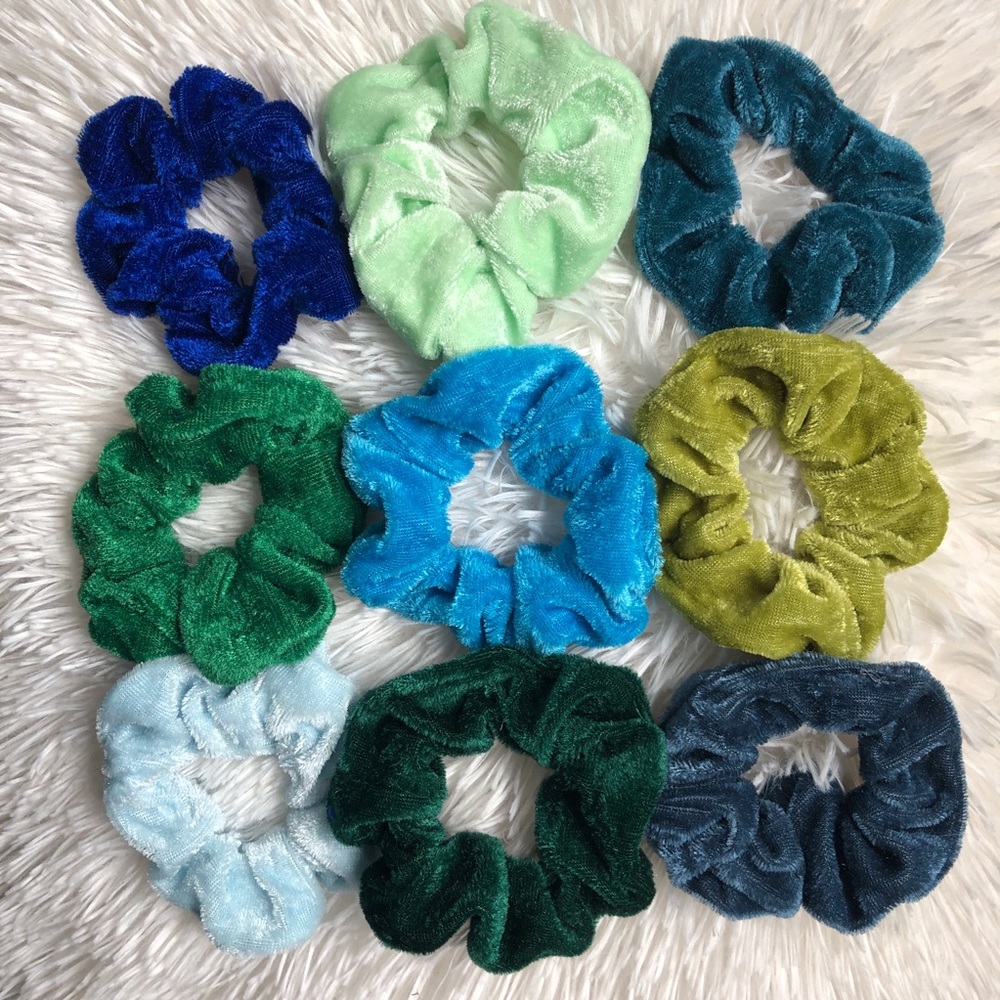 9 Velvet Hair Scrunchies Blue Green VSCO Tie New